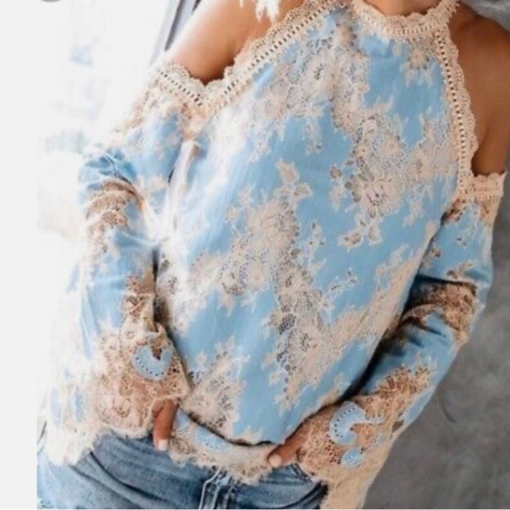 Vici Cold Shoulder Lace Top With Bell Sleeves